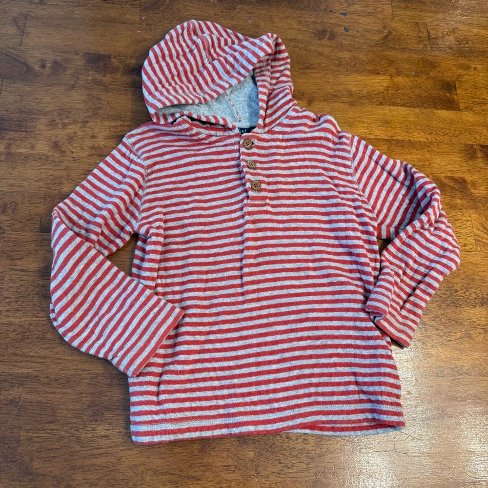 Mini Boden Red Gray Striped Kids Hoodie grey lining size 5-6 100% cotton